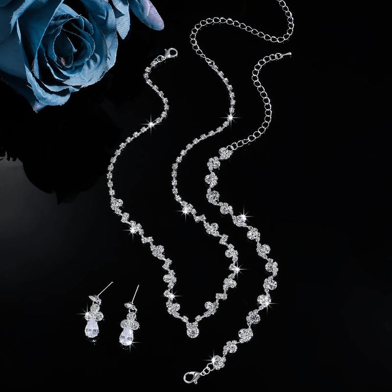 3pcs Rhinestone Necklace, Earrings, Bridal Wedding Set